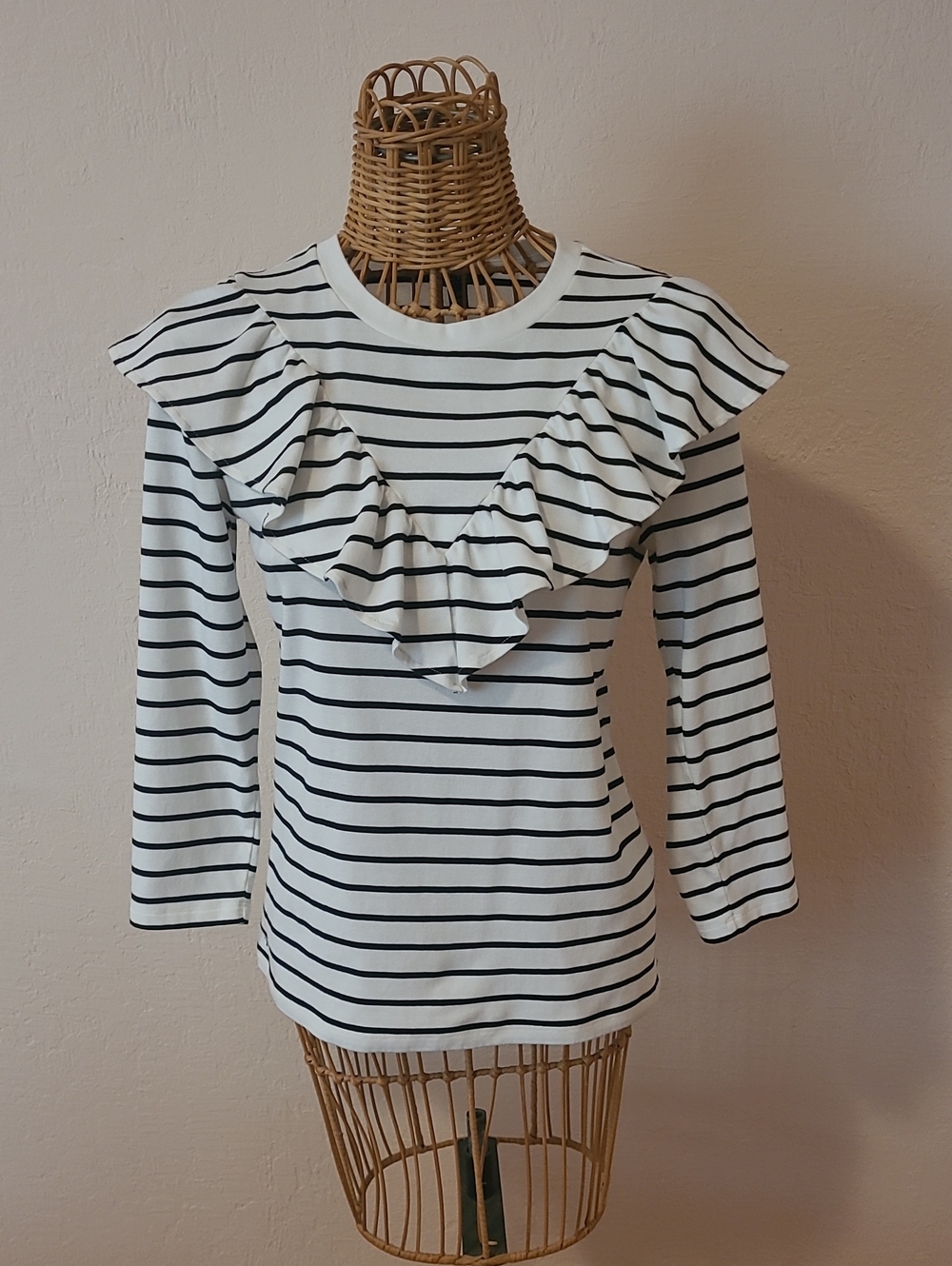 Lauren Ralph Lauren White and Black Striped Ruffle 3/4 Sleeve Top